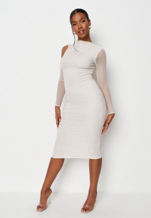 MISSGUIDED cream cold shoulder ruched mesh midi dress – semi sheer long sleeve bodycon dresses