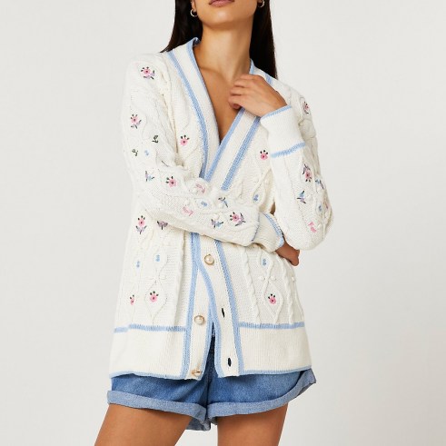 River Island Cream embroidered cable knit cardigan | floral oversized fit button front cardigans | feminine knitwear - flipped