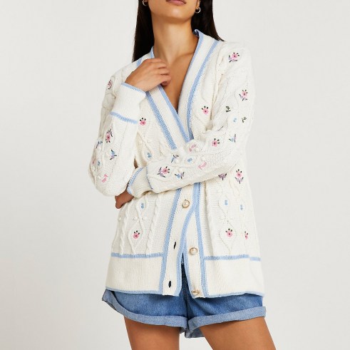 River Island Cream embroidered cable knit cardigan | floral oversized fit button front cardigans | feminine knitwear