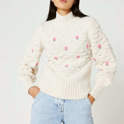 River Island Cream embroidered chunky knit jumper | floral textured high neck jumpers | women’s fashionable knitwear - flipped