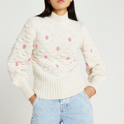 River Island Cream embroidered chunky knit jumper | floral textured high neck jumpers | women’s fashionable knitwear