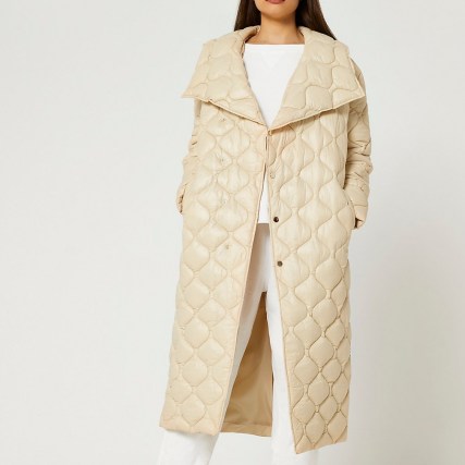 RIVER ISLAND Cream longline quilted coat ~ womens wide collar quilt detail coats - flipped