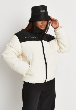 MISSGUIDED cream missguided colourblock puffer coat – womens colour block padded jackets – high neck zip up front closure - flipped