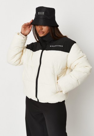 MISSGUIDED cream missguided colourblock puffer coat – womens colour block padded jackets – high neck zip up front closure