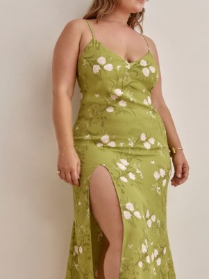 Reformation Crimini Dress in Desiree – green floral print skinny strap split hem dresses - flipped