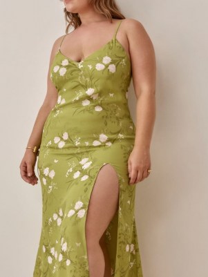 Reformation Crimini Dress in Desiree – green floral print skinny strap split hem dresses