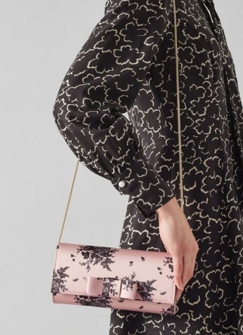 L.K. BENNETT DAPHNE FLORAL PINK SATIN CLUTCH BAG ~ feminine chain strap occasion bags ~ front bow detail shoulder bags