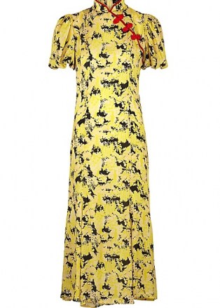 DE LA VALI Bluebell printed satin midi dress | yellow mandarin collar flared hem dresses | oriental look fashion | pankou button detail | vintage inspired cheongsam