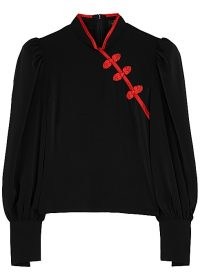 DE LA VALI Pachino black matte satin top | mandarin collar tops | puff sleeve oriental style sleeve blouses | pankou button embellishment