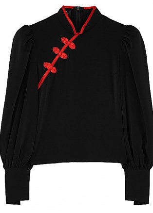 DE LA VALI Pachino black matte satin top | mandarin collar tops | puff sleeve oriental style sleeve blouses | pankou button embellishment - flipped
