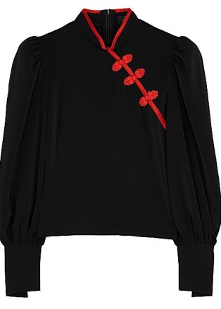 DE LA VALI Pachino black matte satin top | mandarin collar tops | puff sleeve oriental style sleeve blouses | pankou button embellishment