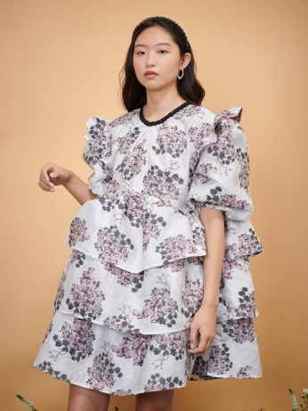 sister jane DREAM THE IVY TRAIL DREAM Celandine Jacquard Oversized Mini Dress in Ivory and Pink – romantic tiered voluminous dresses – floral print fashion with volume