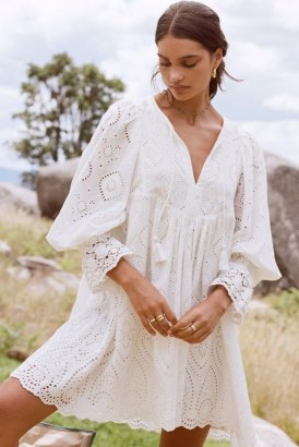 SPELL DYLAN SMOCK DRESS White – romantic flowing lace style boho dresses – feminine bohemian fashion – gorgeous organic cotton clothing - flipped
