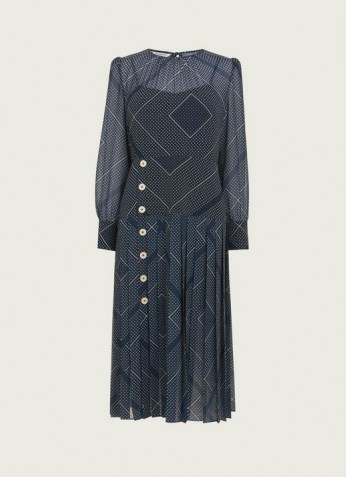 L.K. BENNETT ELENA NAVY HANDKERCHIEF PRINT PLEATED DRESS ~ dark blue semi sheer occasion dresses ~ elegant fashion - flipped