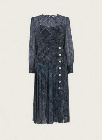L.K. BENNETT ELENA NAVY HANDKERCHIEF PRINT PLEATED DRESS ~ dark blue semi sheer occasion dresses ~ elegant fashion