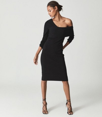 REISS ELLA ASYMMETRIC BODYCON DRESS BLACK ~ chic off the shoulder LBD ~ asymmetric neckline evening dresses - flipped