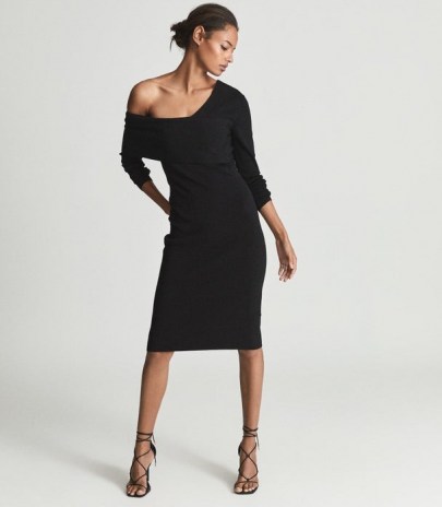 REISS ELLA ASYMMETRIC BODYCON DRESS BLACK ~ chic off the shoulder LBD ~ asymmetric neckline evening dresses