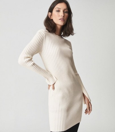 REISS EMBER COTTON CASHMERE BLEND MINI DRESS CREAM / chic rib knit bodycon dresses / knitted fashion - flipped