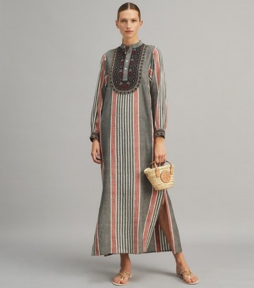 TORY BURCH EMBROIDERED CAFTAN in Washed Multi Stripe ~ chic striped kaftans - flipped