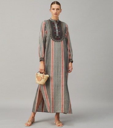 TORY BURCH EMBROIDERED CAFTAN in Washed Multi Stripe ~ chic striped kaftans