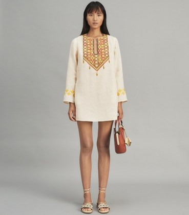 Tory Burch EMBROIDERED LINEN TUNIC in French Cream – chic vintage style tunic dresses – luxe poolside cover up – designer tunic tops - flipped