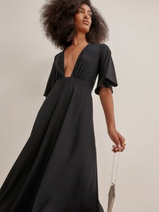 Reformation Ernest Dress in Black | deep plunge front LBD | plunging neckline fashion | feminine flared sleeves - flipped