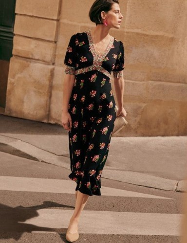 Boden Eva Jersey Midi Dress Black, Delicate Sprig / chic floral print empire line dresses / vintage inspired fashion
