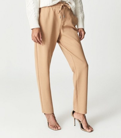 REISS EVE PULL ON FORMAL JOGGERS CAMEL ~ womens neutral light brown jogging bottoms ~ sweatpant waistband with zip fly - flipped