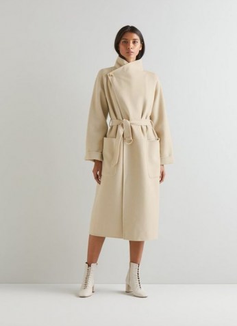 L.K. BENNETT FLORENTIN CREAM WOOL MIX COAT ~ womens luxe wide collar belted coats ~ women’s chic outerwear - flipped