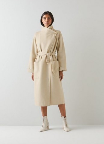 L.K. BENNETT FLORENTIN CREAM WOOL MIX COAT ~ womens luxe wide collar belted coats ~ women’s chic outerwear