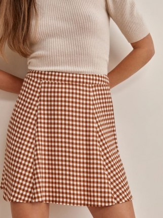 REFORMATION Flounce Skirt in Chestnut Check / brown checked skirts - flipped