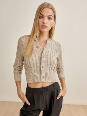Reformation Foret Cable Knit Cardigan in Oatmeal | neutral cropped cardigans | womens fashionable knitwear | beautiful knits - flipped