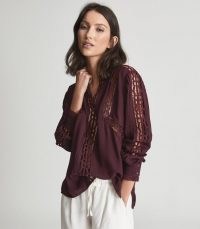REISS FREDA BLOOM DETAIL BLOUSE BURGUNDY ~ relaxed cut out blouses