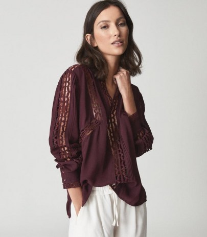 REISS FREDA BLOOM DETAIL BLOUSE BURGUNDY ~ relaxed cut out blouses - flipped