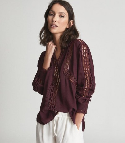 REISS FREDA BLOOM DETAIL BLOUSE BURGUNDY ~ relaxed cut out blouses
