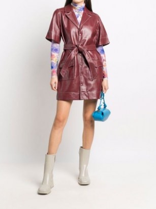 GANNI belted leather shirt dress in burnt sienna brown – luxe short sleeve tie waist dresses - flipped