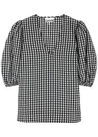 GANNI Gingham seersucker top | black and white checked voluminous puff sleeve tops | V-neck check print blouse
