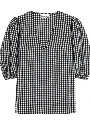GANNI Gingham seersucker top | black and white checked voluminous puff sleeve tops | V-neck check print blouse - flipped