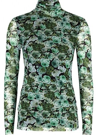 GANNI Green floral-print stretch-tulle top / long sleeve, high neck form fitting tops - flipped