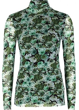 GANNI Green floral-print stretch-tulle top / long sleeve, high neck form fitting tops