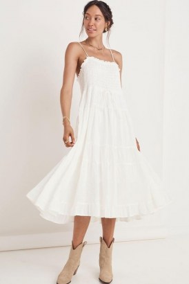 SPELL GARDENIA SUN DRESS White ~ spaghetti strap shirred bodice sundress ~ strappy tiered boho dresses - flipped