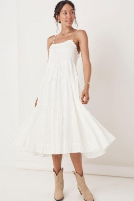 SPELL GARDENIA SUN DRESS White ~ spaghetti strap shirred bodice sundress ~ strappy tiered boho dresses