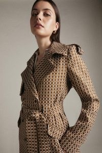 KAREN MILLEN Geo Stretch Sparkle Jacquard Trench Coat / neutral tie waist coats / womens chic autumn outerwear
