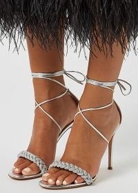 New Season GIANVITO ROSSI Leomi 105 embellished silver leather sandals | strappy party stiletto heels | barely there ankle tie high heel shoes | glamorous evening footwear