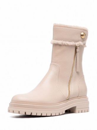 Gianvito Rossi Montreal leather boots in mousse beige ~ womens on trend chunky rubber sole boot ~ women’s designer winter footwear - flipped