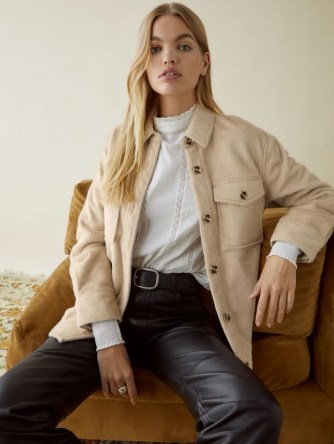 REFORMATION Giles Jacket in Buff ~ neutral shirt jackets ~ womens on trend shackets ~ effortless casual style fashion