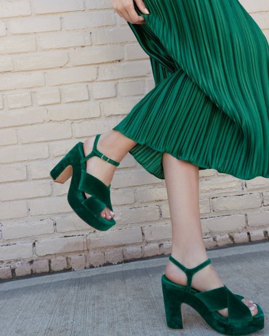 Loeffler Randall Gina Emerald Platform Sandal | green velvet platforms | luxe retro sandals | 1970s vintage style shoes | beautiful 70s inspired chunky footwear - flipped