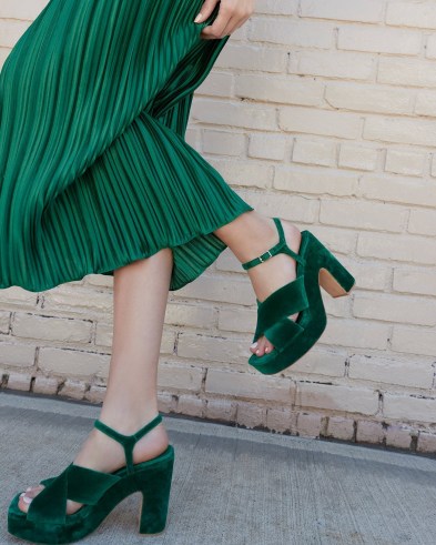 Loeffler Randall Gina Emerald Platform Sandal | green velvet platforms | luxe retro sandals | 1970s vintage style shoes | beautiful 70s inspired chunky footwear