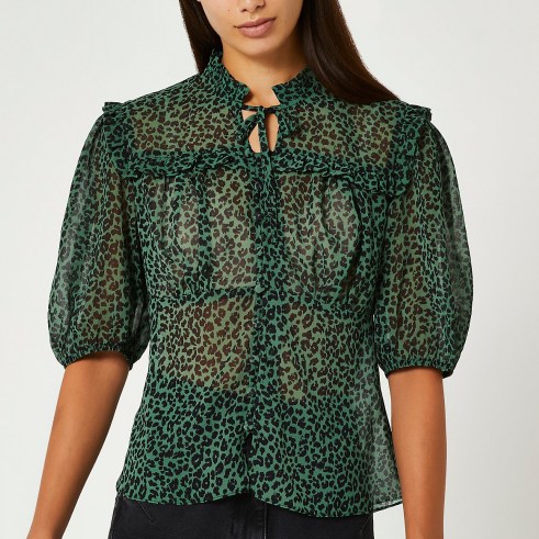 River Island Green animal print tie frill top – sheer high neck blouses - flipped