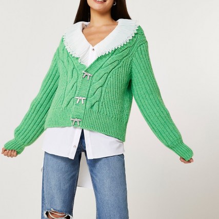 River Island Green chunky knit cardigan | boxy diamante button cardigans | womens fashionable knitwear - flipped